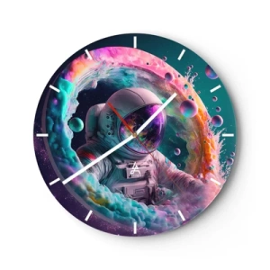 Ceas de perete - Ceas pe sticlă - Astronautul în mijlocul culorilor cosmice și al efectelor de portal - 30x30cm - Poarta stelară  - Decorațiune modernă pentru perete pentru living, bucătărie și dormitor ARTTOR