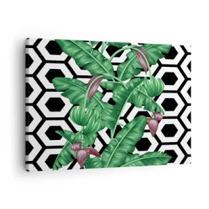 Tablou pe pânză Canvas - Frunze tropicale pe un fundal geometric - 70x50cm - Compoziție simetrică din natură - Decorațiune modernă pentru perete pentru living și dormitor ARTTOR