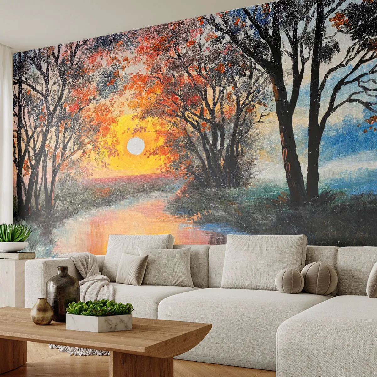 Tapet Premium Canvas - Atmosferă de toamnă - Peisaj, Râu, Copaci - 400x280 cm