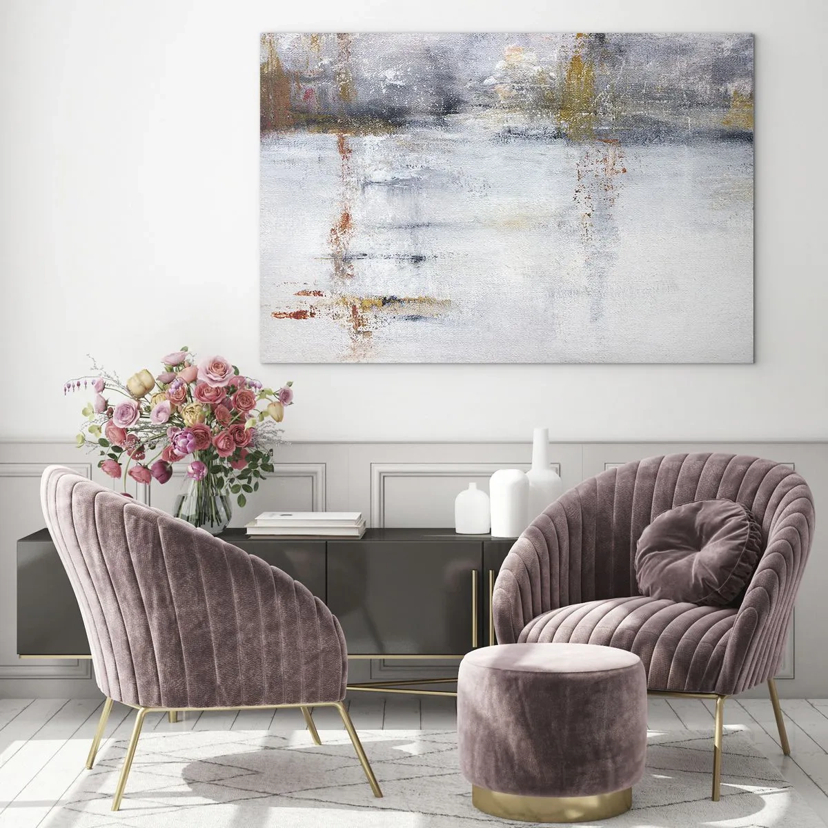 Tablou pe sticlă - O pictură abstractă care prezintă o combinație subtilă de gri, alb și auriu. - 70x50cm - În spatele cortinei de aer - Decorațiune modernă pentru perete pentru living și dormitor ARTTOR