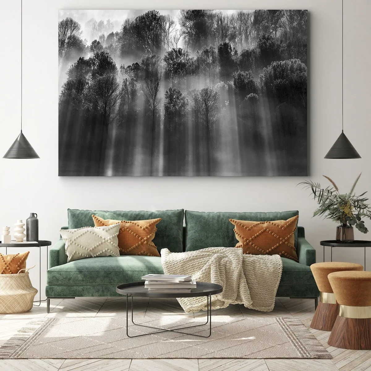 Tablou pe pânză Canvas - Pădure alb-neagră în lumina dimineții - 70x50cm - În fluxuri de lumină - Decorațiune modernă pentru perete pentru living și dormitor ARTTOR