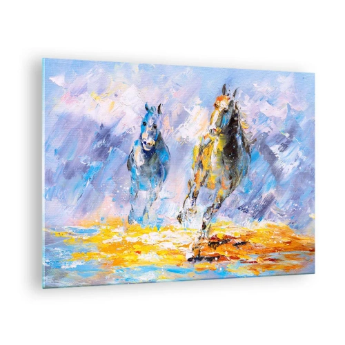 Tablou pe sticlă - Doi cai galopând prin apă într-un stil artistic - 70x50cm - Galopând prin strălucire - Decorațiune modernă pentru perete pentru living și dormitor ARTTOR