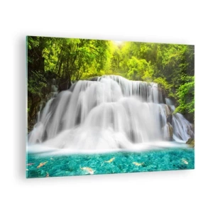 Tablou pe sticlă - O cascadă înconjurată de verdeață cu apă cristalină - 70x50cm - O cascadă spumoasă de la verde la azur - Decorațiune modernă pentru perete pentru living și dormitor ARTTOR