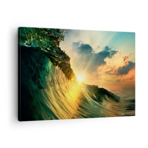 Tablou pe pânză Canvas - Un val cu soarele apunând și nori iluminați - 70x50cm - Surferule, unde ești? - Decorațiune modernă pentru perete pentru living și dormitor ARTTOR