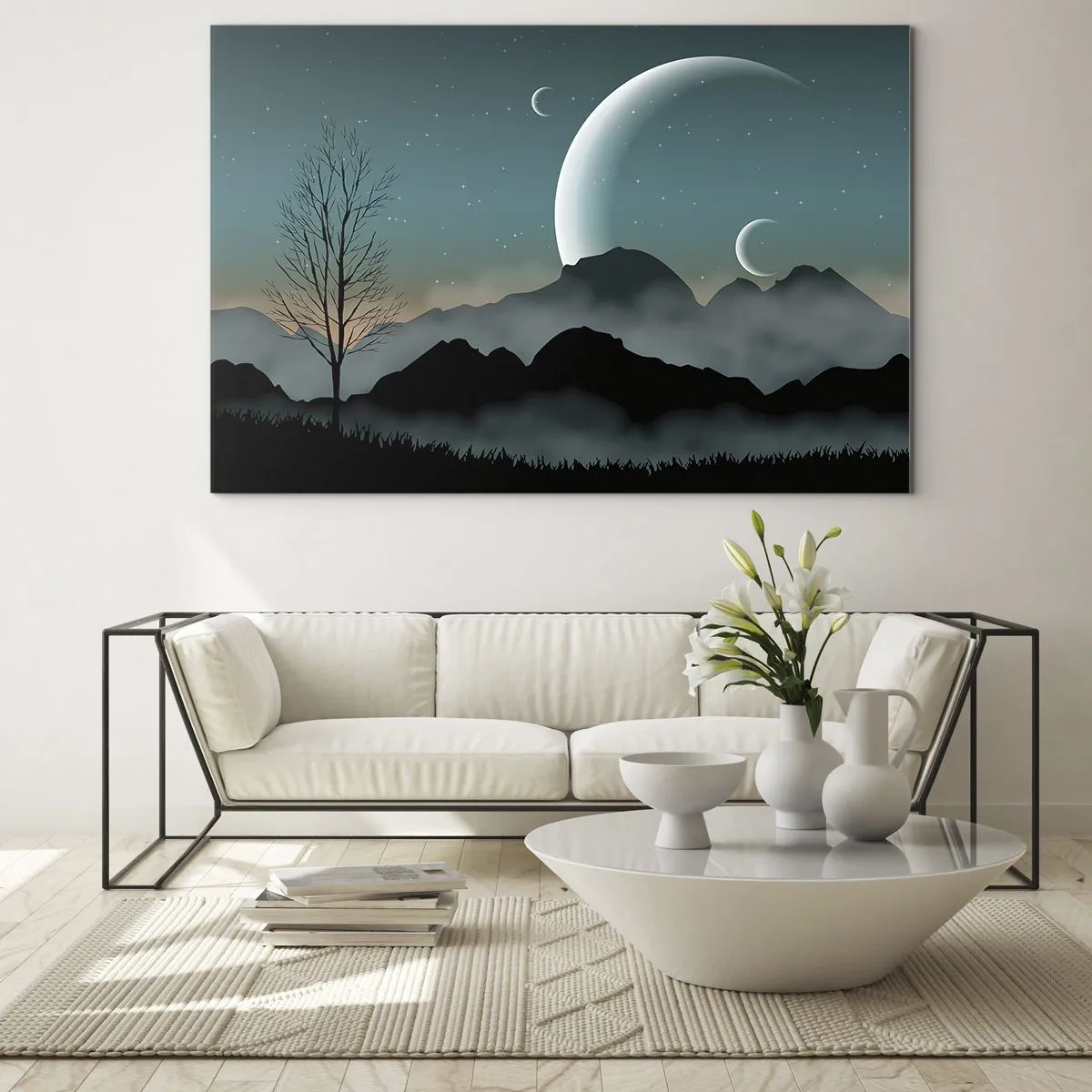 Tablou pe sticlă - Luni peste munți cu un copac singuratic și stele - 70x50cm - Carnavalul unei nopți înstelate - Decorațiune modernă pentru perete pentru living și dormitor ARTTOR