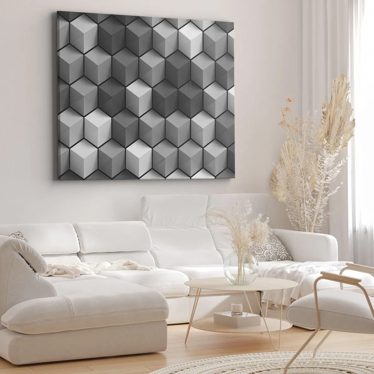 Tablou pe pânză Canvas - Compoziție geometrică de cuburi în nuanțe de gri și negru - 70x50cm - Puzzle cubist - Decorațiune modernă pentru perete pentru living și dormitor ARTTOR