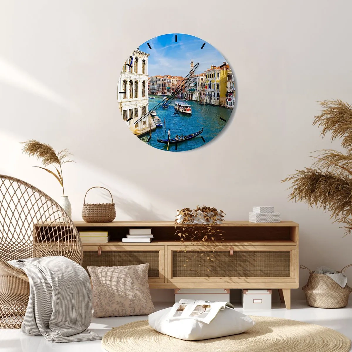 Ceas de perete - Ceas pe sticlă - Vedere pitorească a unui canal din Veneția cu gondole și clădiri - 30x30cm - Traficul unic în lume - Decorațiune modernă pentru perete pentru living, bucătărie și dormitor ARTTOR