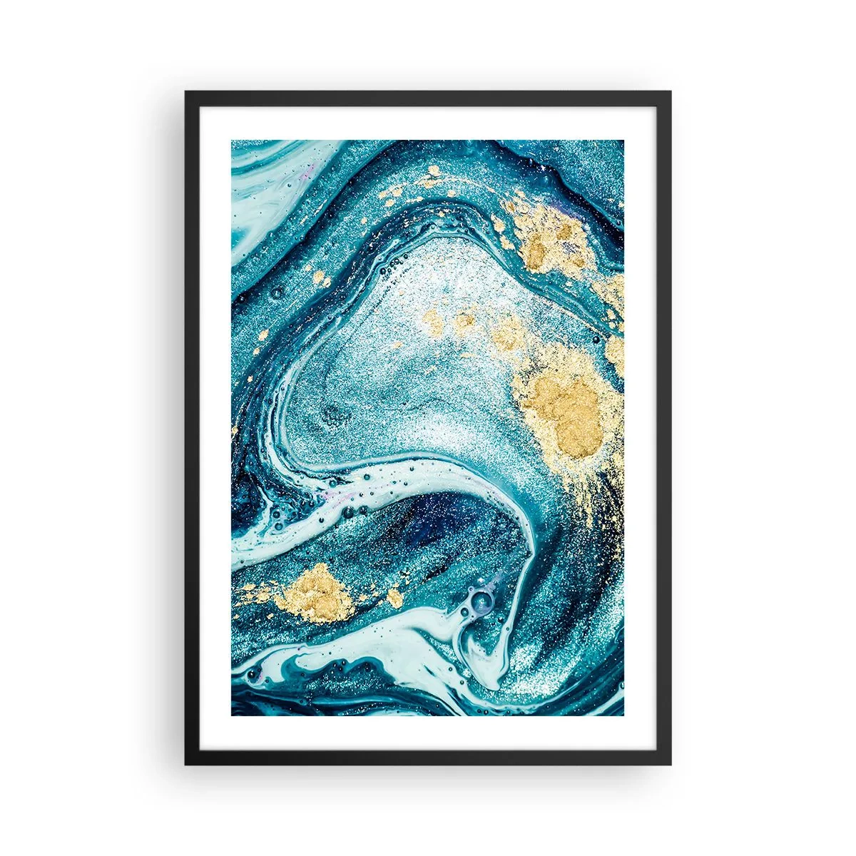 Poster în ramă neagră - Model abstract cu nuanțe de albastru și auriu - 50x70cm - Vârtej albastru - Decorațiune modernă pentru perete pentru living și dormitor ARTTOR