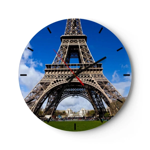 Ceas de perete - Ceas pe sticlă - Turnul Eiffel pe fundalul unui cer albastru - 30x30cm - Întregul Paris la picioarele ei - Decorațiune modernă pentru perete pentru living, bucătărie și dormitor ARTTOR