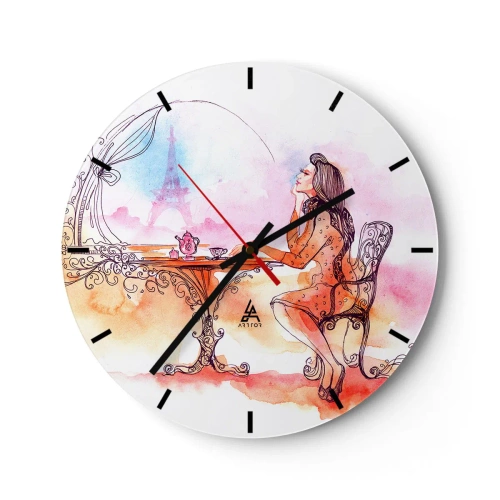 Ceas de perete - Ceas pe sticlă - O femeie la o masă cu vedere la Turnul Eiffel în culori pastelate - 30x30cm - Șic parizian - Decorațiune modernă pentru perete pentru living, bucătărie și dormitor ARTTOR