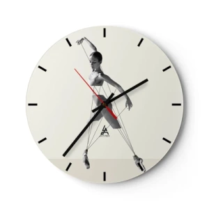Ceas de perete - Ceas pe sticlă - O balerină alb-negru stilizată ca o marionetă pe un fundal deschis. - 30x30cm - Într-un teatru de lumină - Decorațiune modernă pentru perete pentru living, bucătărie și dormitor ARTTOR