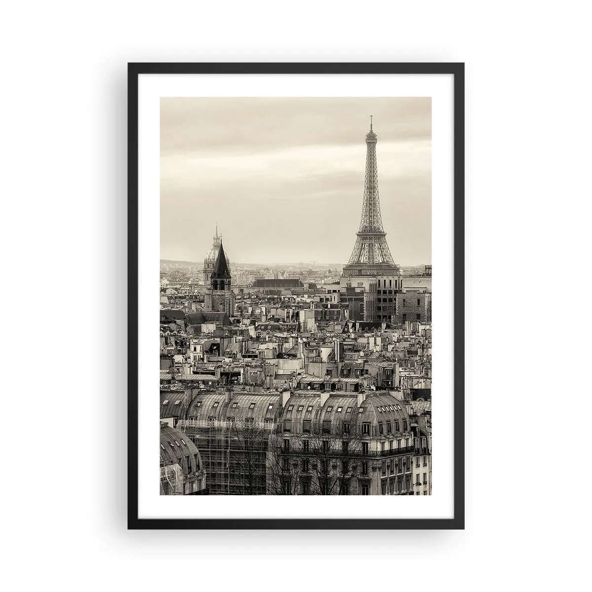 Poster în ramă neagră - Panoramă a Parisului cu Turnul Eiffel în tonuri sepia - 50x70cm - Deasupra acoperișurilor Parisului - Decorațiune modernă pentru perete pentru living și dormitor ARTTOR