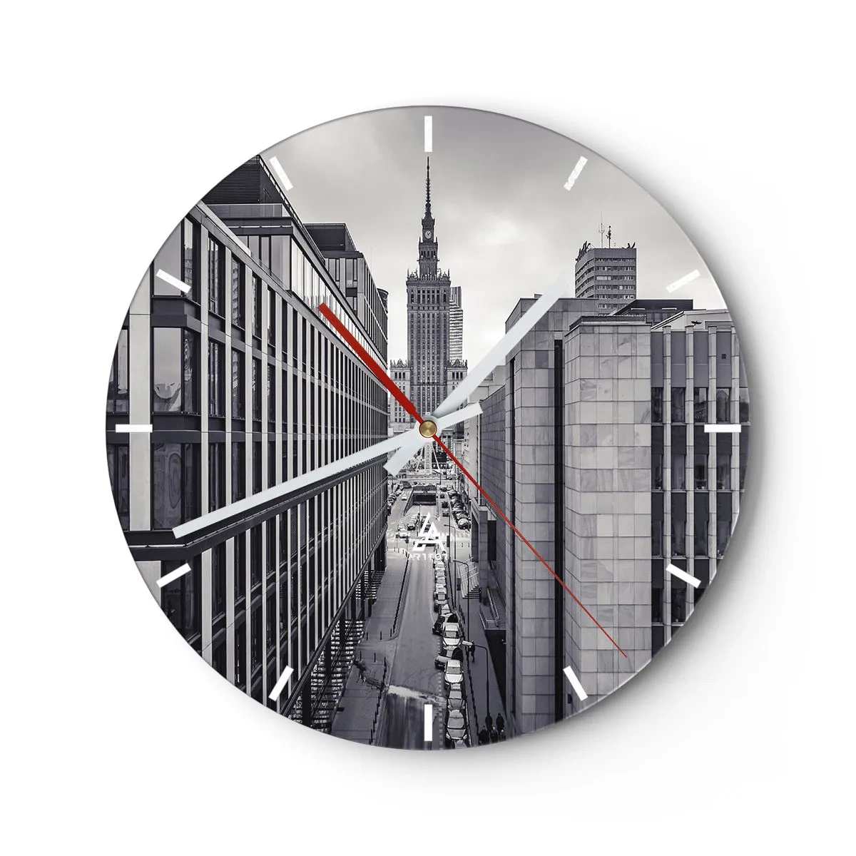 Ceas de perete - Ceas pe sticlă - Panoramă a orașului cu arhitectură modernă - 30x30cm - Vale citadină din Varșovia - Decorațiune modernă pentru perete pentru living, bucătărie și dormitor ARTTOR