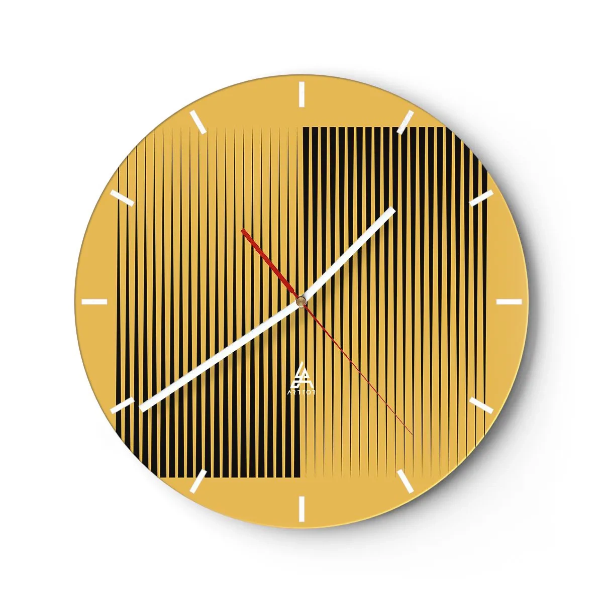 Ceas de perete - Ceas pe sticlă - Fundal galben cu linii verticale negre care creează un efect geometric - 30x30cm - Pătratul contrariilor - Decorațiune modernă pentru perete pentru living, bucătărie și dormitor ARTTOR