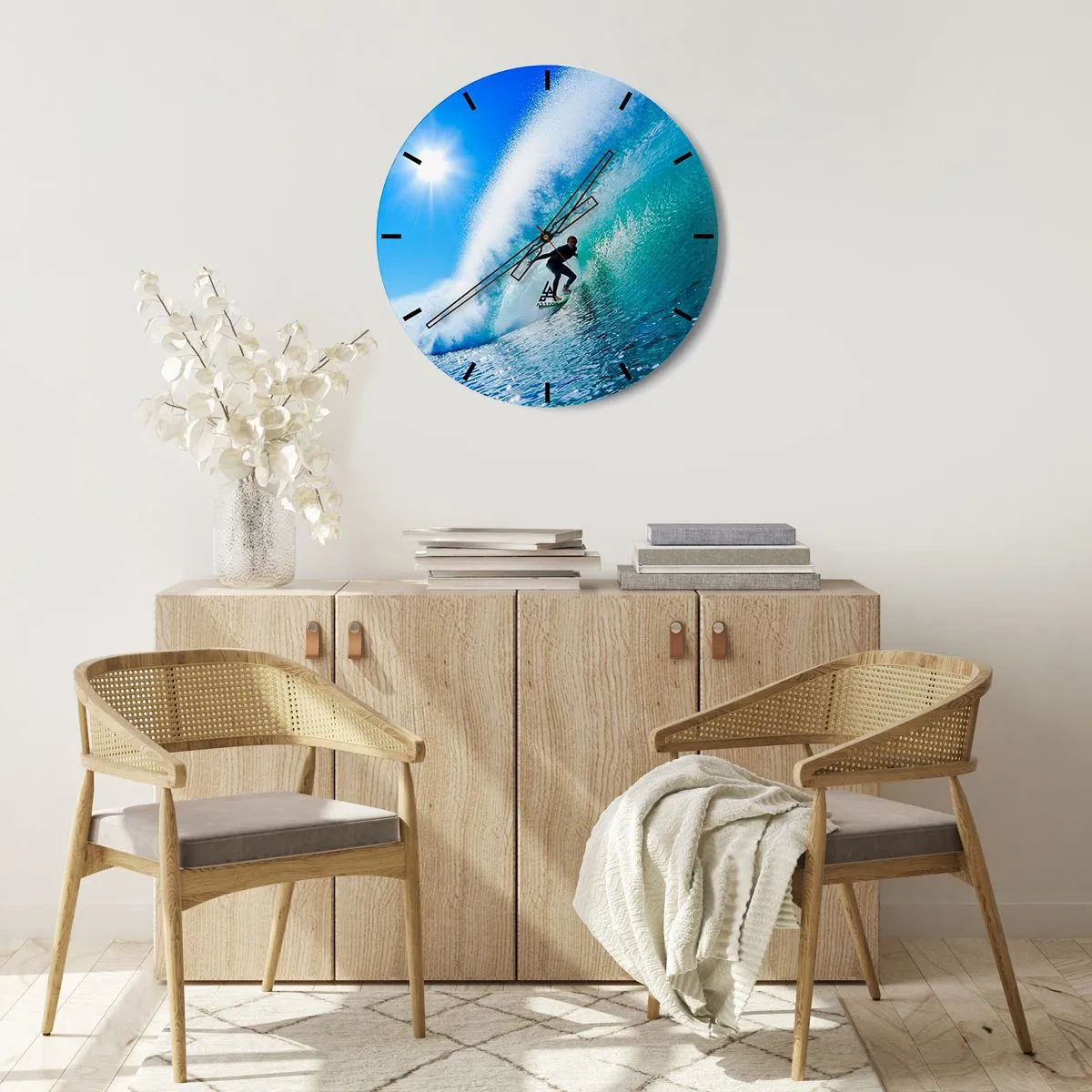 Ceas de perete - Ceas pe sticlă - Surfer pe un val într-o zi însorită - 30x30cm - Prin marele albastru - Decorațiune modernă pentru perete pentru living, bucătărie și dormitor ARTTOR