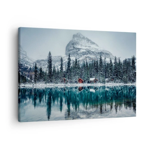 Tablou pe pânză Canvas - Peisaj de iarnă cu căsuțe în pădure lângă un lac înghețat - 70x50cm - Refugiu canadian - Decorațiune modernă pentru perete pentru living și dormitor ARTTOR