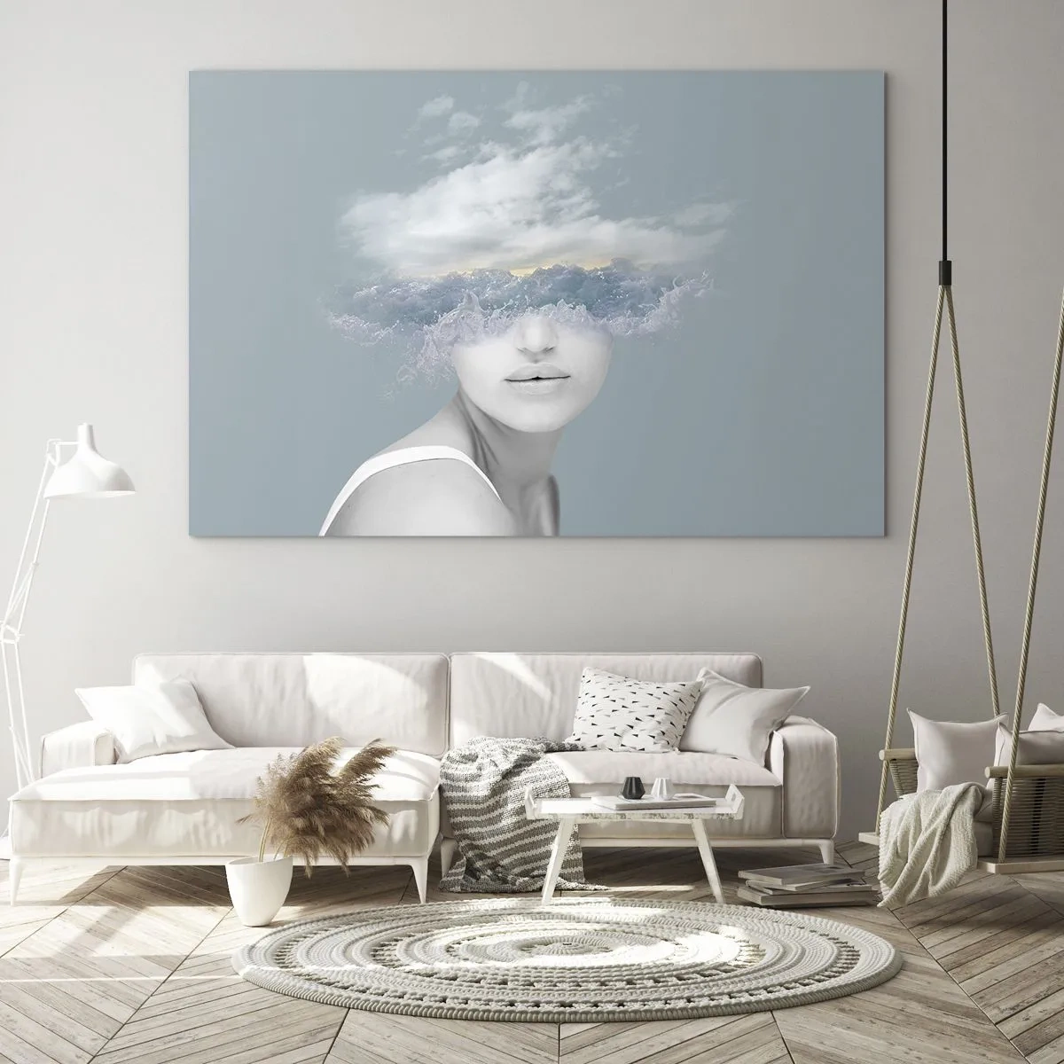 Tablou pe sticlă - Chipul unei femei se contopește cu cerul și norii într-o viziune suprarealistă. - 70x50cm - Cu capul în nori - Decorațiune modernă pentru perete pentru living și dormitor ARTTOR