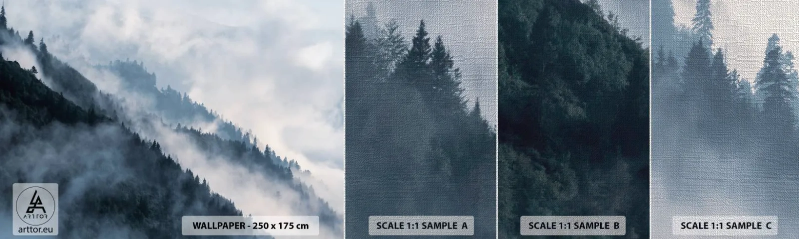 Mostră tapet Premium Canvas - Misticul munților - Peisaj, Munţi, pădure - 100x30 cm