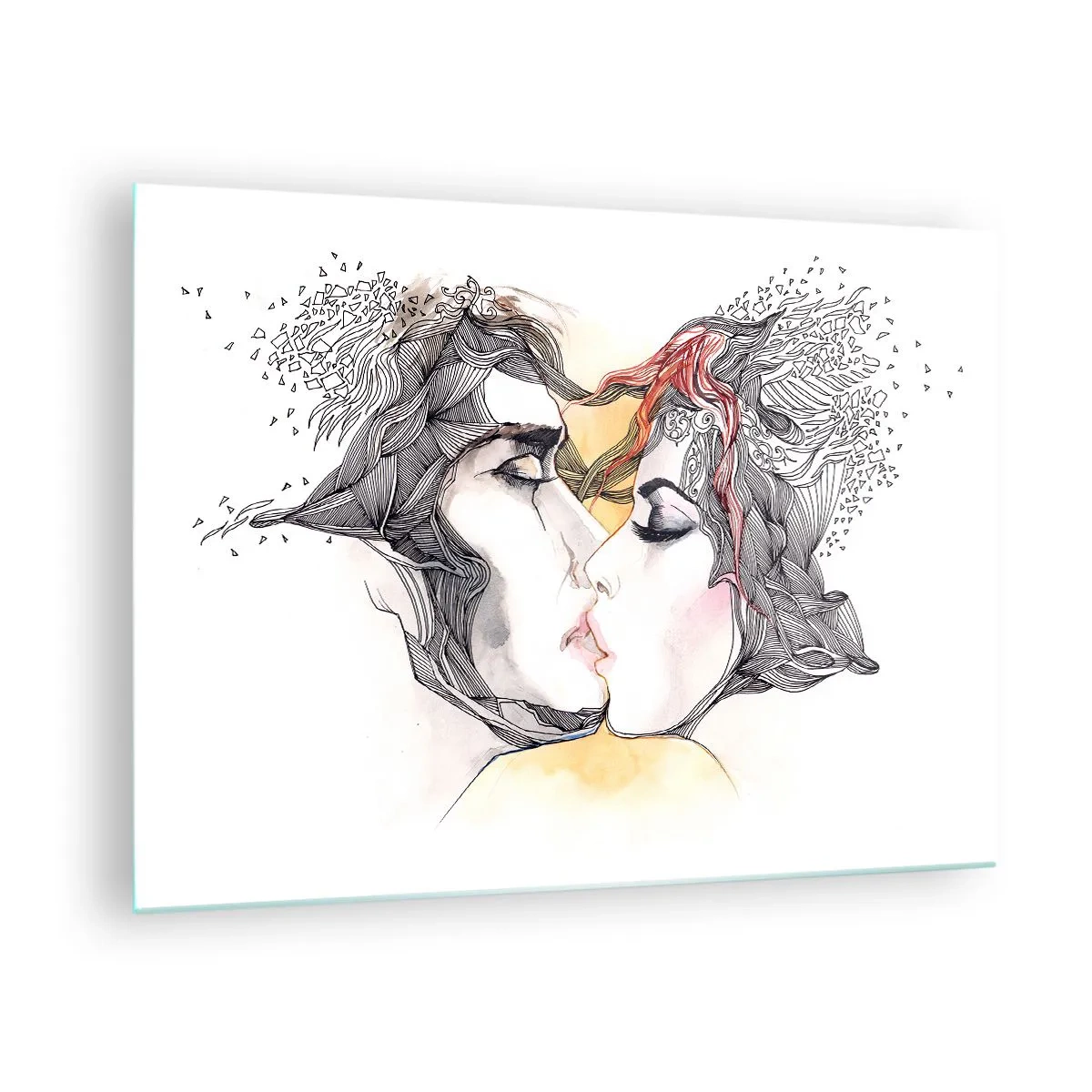 Tablou pe sticlă - Cuplu abstract sărutându-se cu modele artistice - 70x50cm - Lumea nu există - Decorațiune modernă pentru perete pentru living și dormitor ARTTOR