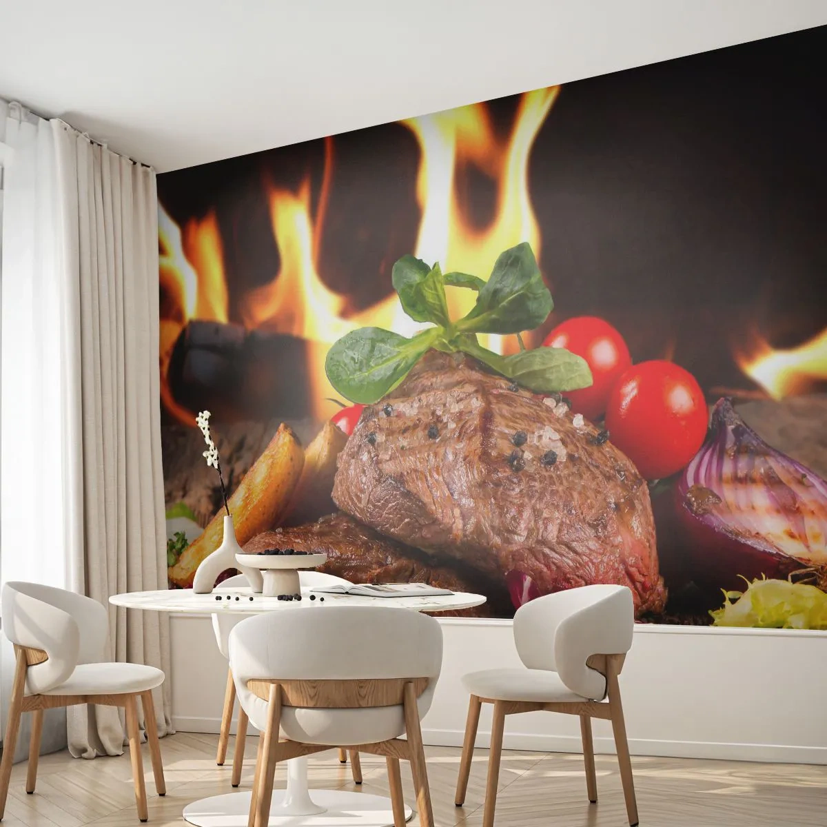 Tapet Premium Canvas - Înconjurată de ardoare - Gastronomie, friptură, Flăcări de foc - 200x140 cm