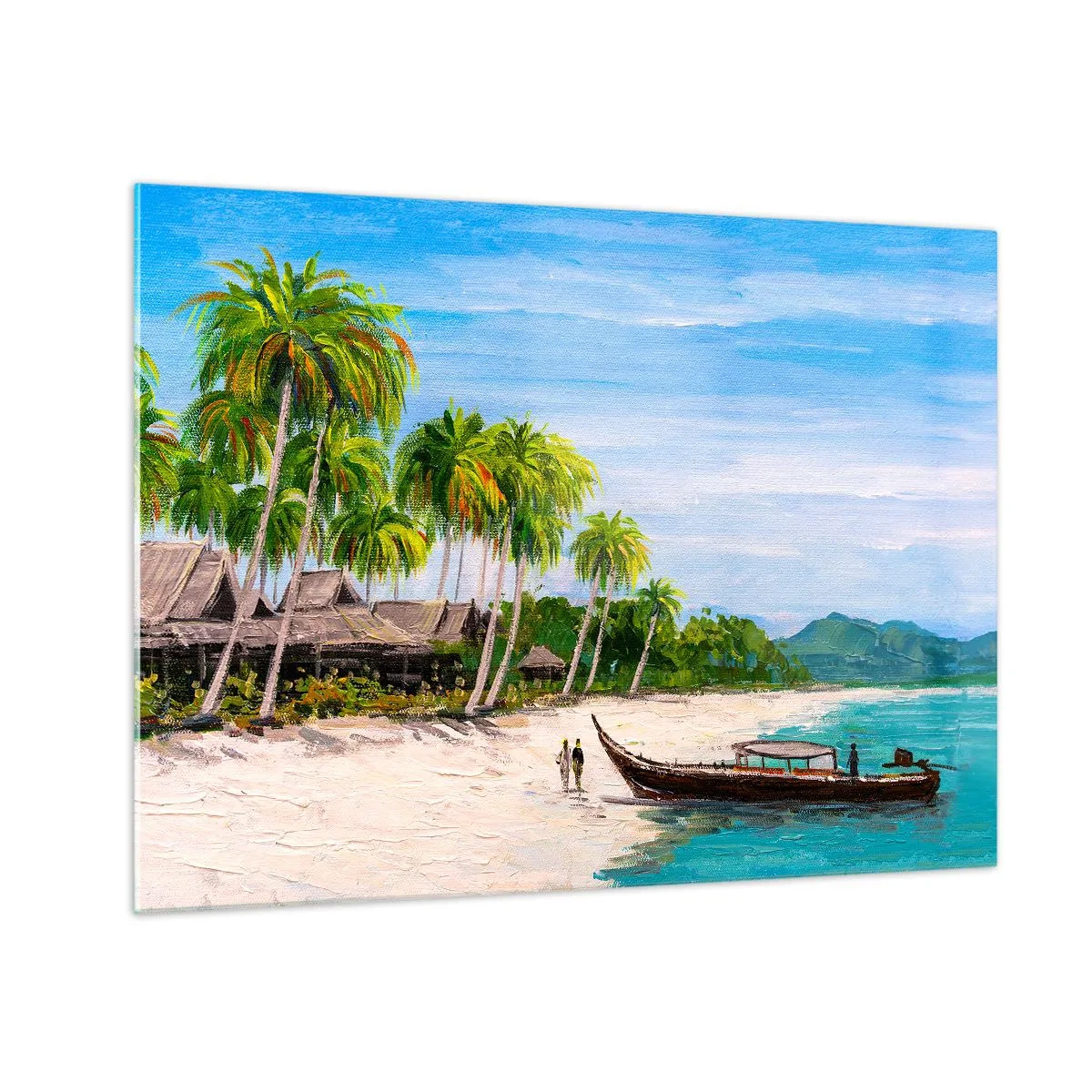 Tablou pe sticlă - Plajă tropicală cu o barcă și palmieri lângă colibe tradiționale - 70x50cm - Un vis exotic - Decorațiune modernă pentru perete pentru living și dormitor ARTTOR