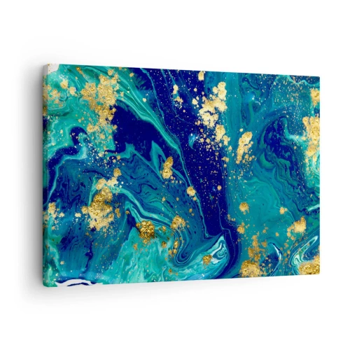 Tablou pe pânză Canvas - O compoziție abstractă cu accente albastre, verzi și aurii. - 70x50cm - Petale de soare  - Decorațiune modernă pentru perete pentru living și dormitor ARTTOR