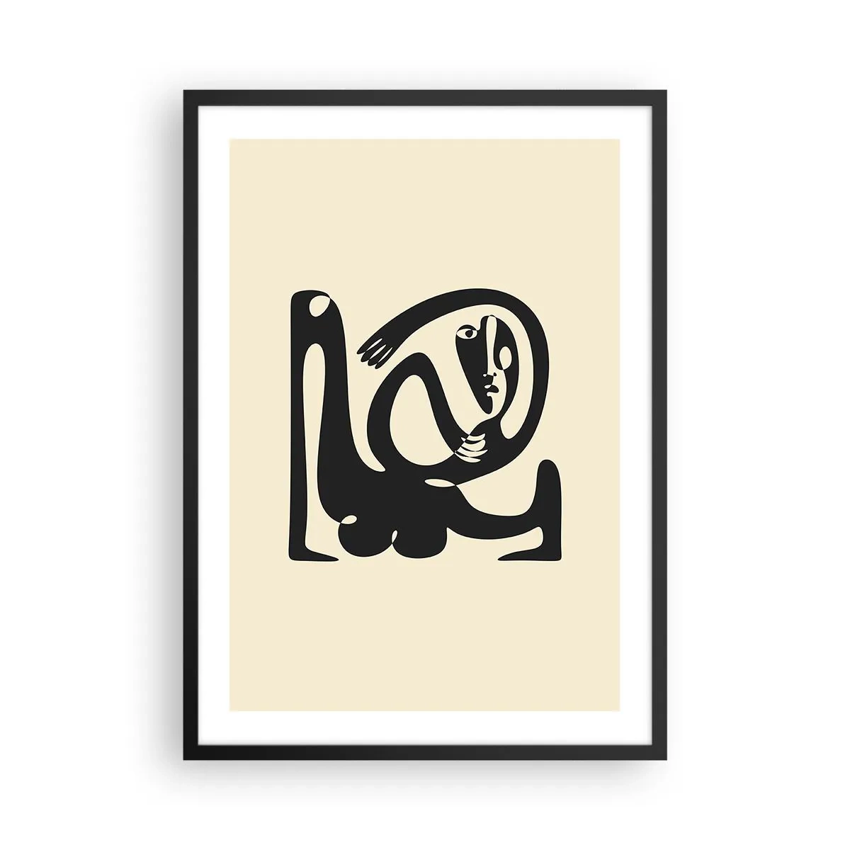 Poster în ramă neagră - Figură abstractă pe un fundal bej cu linii negre - 50x70cm - Aproape Picasso - Decorațiune modernă pentru perete pentru living și dormitor ARTTOR