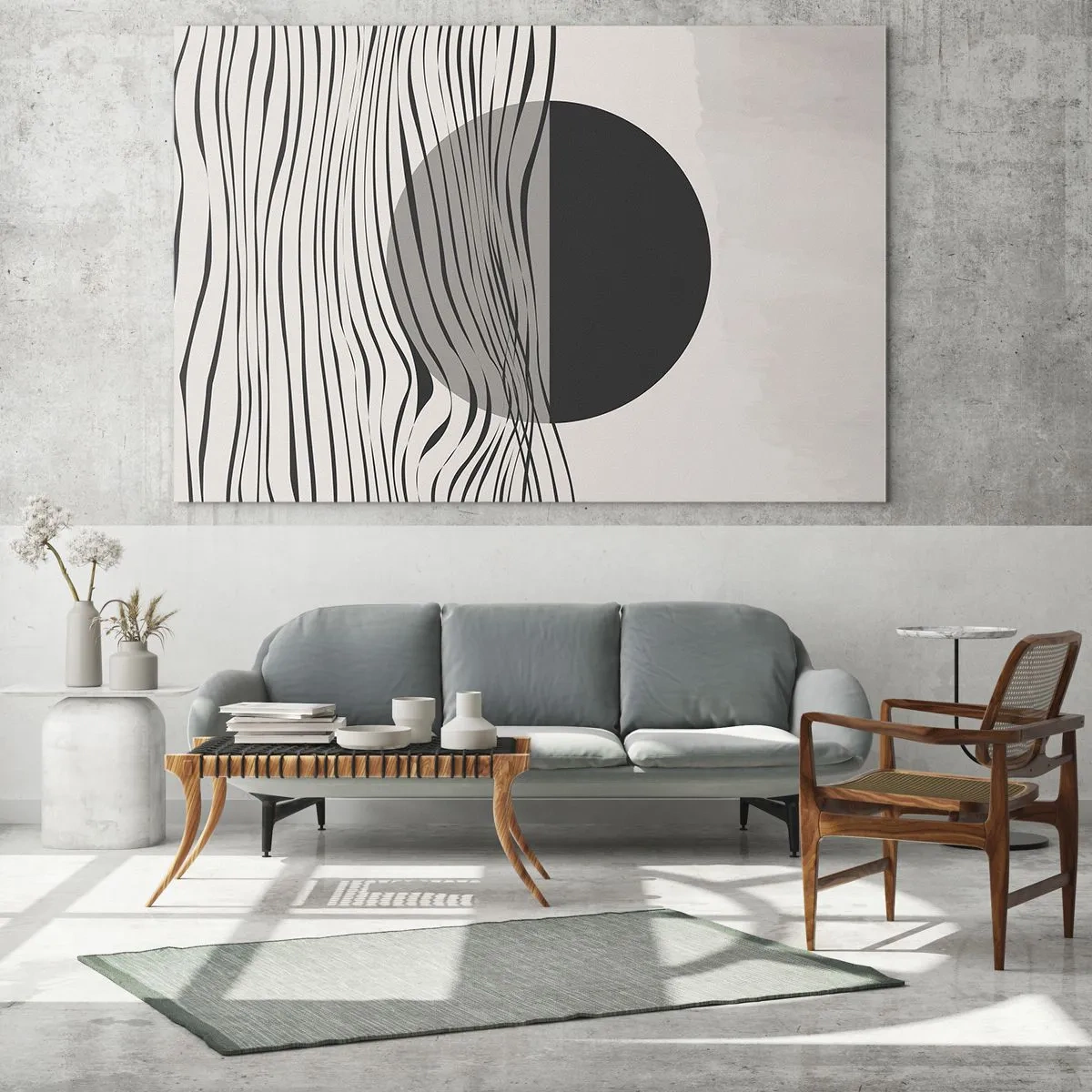 Tablou pe sticlă - Valuri negre și un cerc pe un fundal bej - 70x50cm - Semicompunere - Decorațiune modernă pentru perete pentru living și dormitor ARTTOR