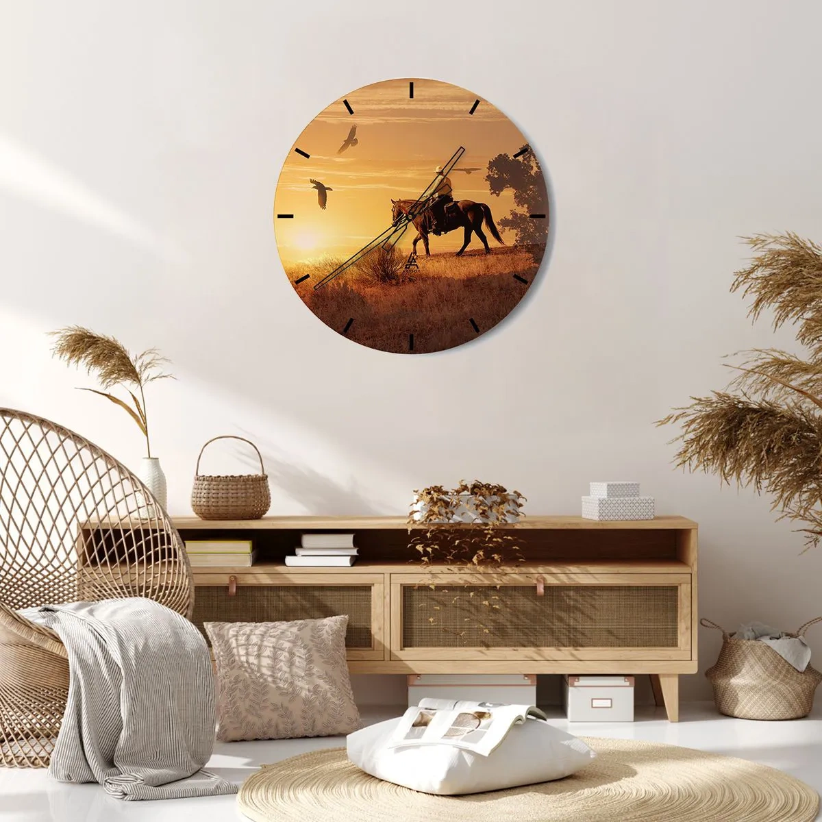 Ceas de perete - Ceas pe sticlă - Cowboy călare la apus - 30x30cm - Singur peste prerie - Decorațiune modernă pentru perete pentru living, bucătărie și dormitor ARTTOR