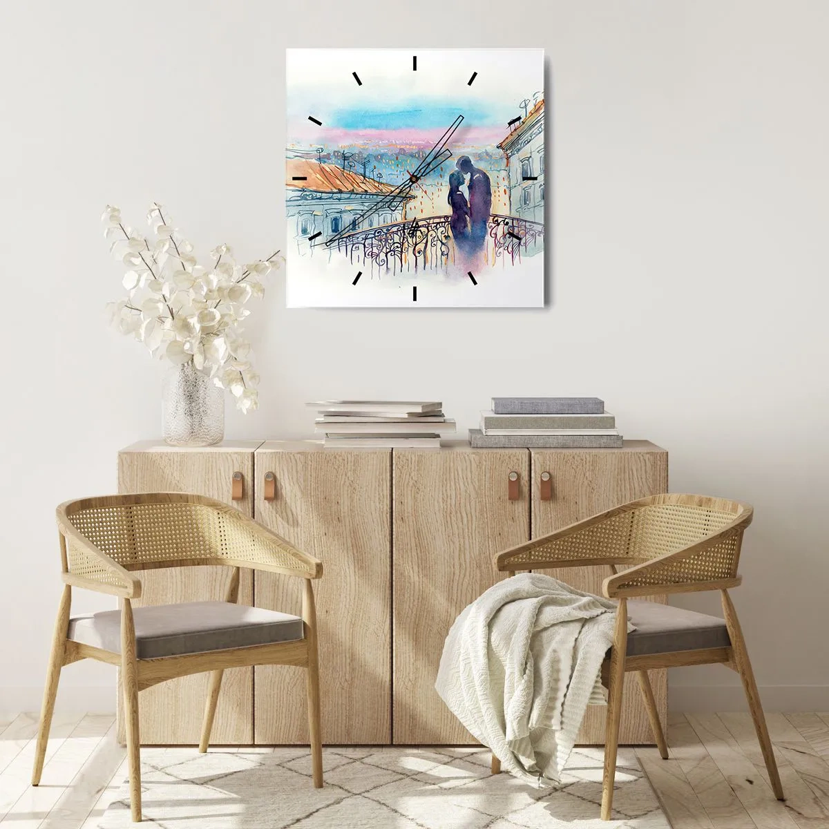 Ceas de perete - Ceas pe sticlă - Iubiți parizieni - 40x40 cm