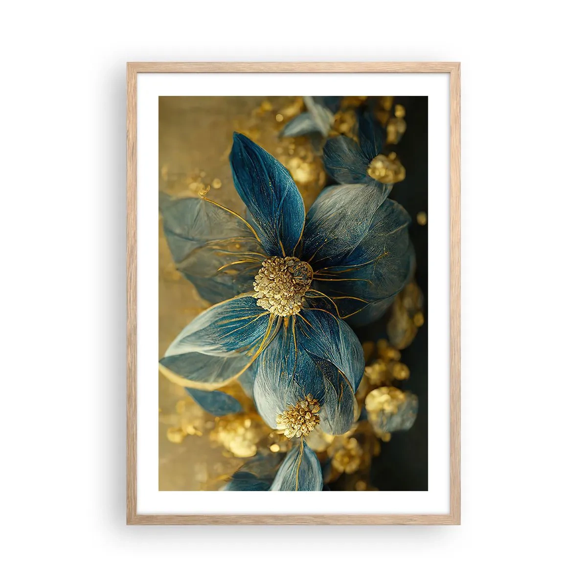 Poster în ramă de stejar deschis - Floare cu aur - 50x70 cm