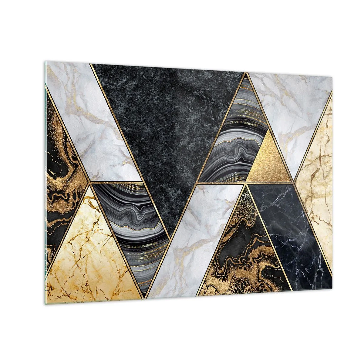 Tablou pe sticlă - Model geometric de triunghiuri de marmură și aur - 70x50cm - Piatră cu piatră - Decorațiune modernă pentru perete pentru living și dormitor ARTTOR