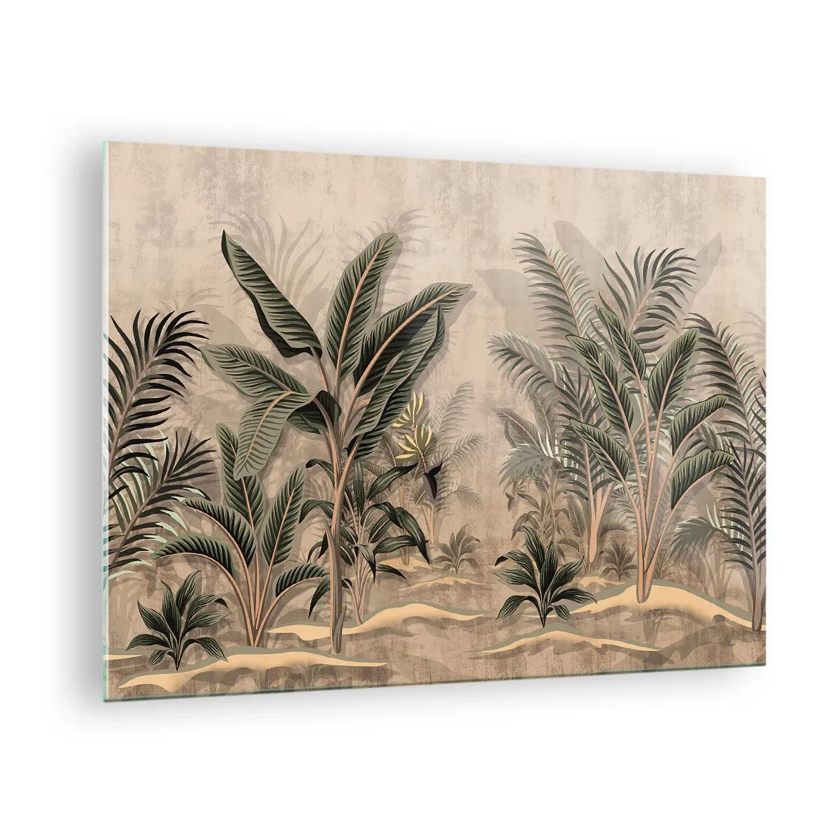 Tablou pe sticlă - Plante tropicale pe fundal bej în stil colonial - 70x50cm - Gravură în stil colonial - Decorațiune modernă pentru perete pentru living și dormitor ARTTOR