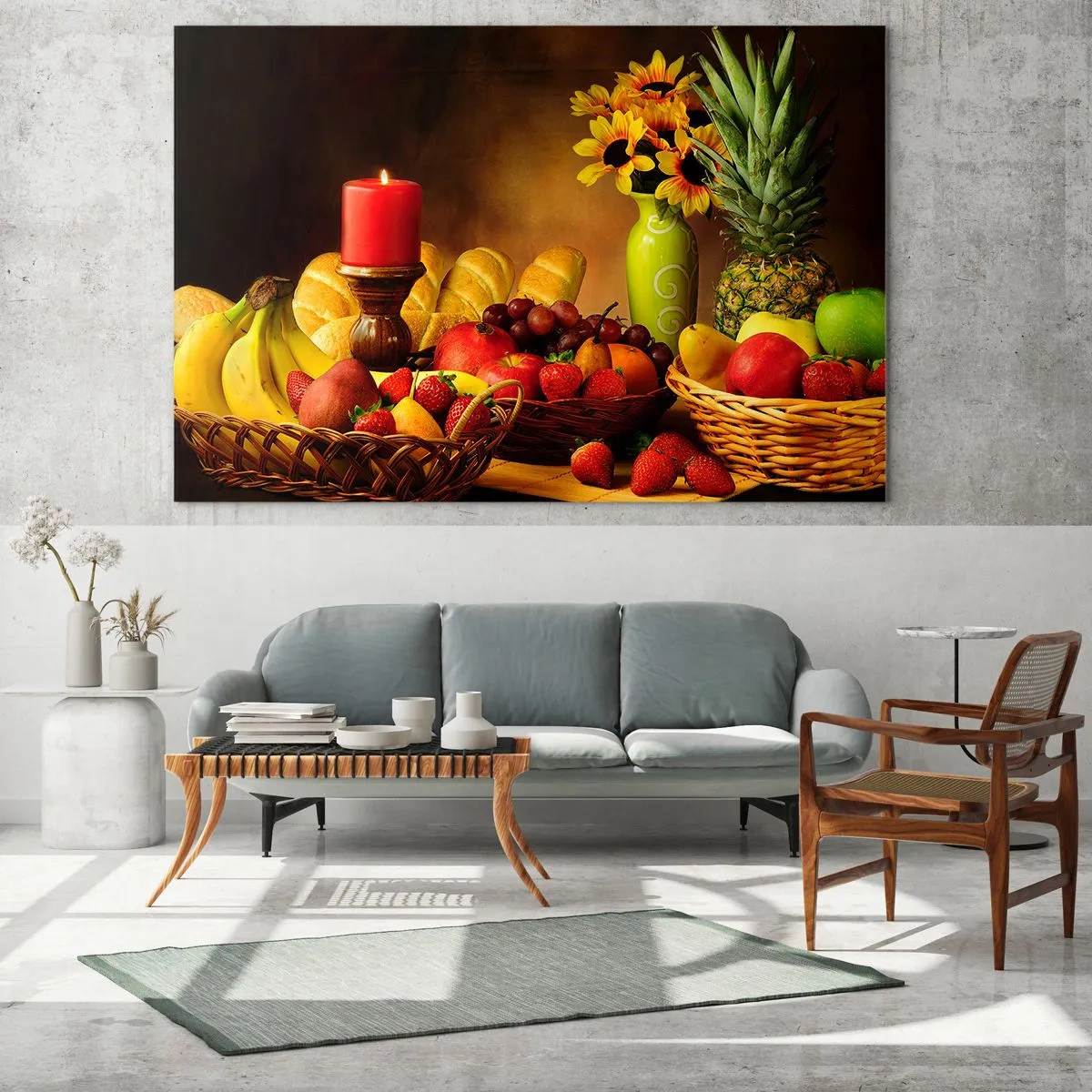 Tablou pe sticlă - O compoziție de fructe, pâine și o lumânare în stil rustic - 70x50cm - Natură moarte cu pâine și fructe - Decorațiune modernă pentru perete pentru living și dormitor ARTTOR