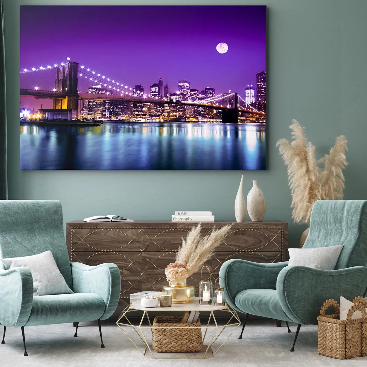 Tablou pe pânză Canvas - Podul Brooklyn noaptea, cu orașul iluminat și lună plină - 70x50cm - Luminile marelui oraș în mov - Decorațiune modernă pentru perete pentru living și dormitor ARTTOR