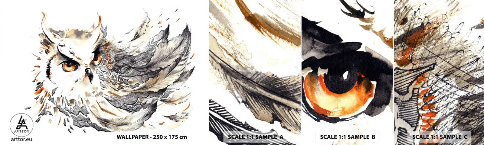 Mostră tapet autocolant Deluxe Sticker - Ea a venit din lumea magiei - Pasăre, Bufniţă, Grafică - 100x30 cm