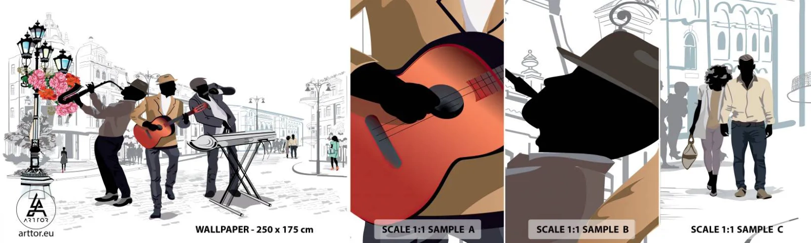 Mostră tapet autocolant Deluxe Sticker - Muzică străzii - Muzică, Chitară, Grup - 100x30 cm