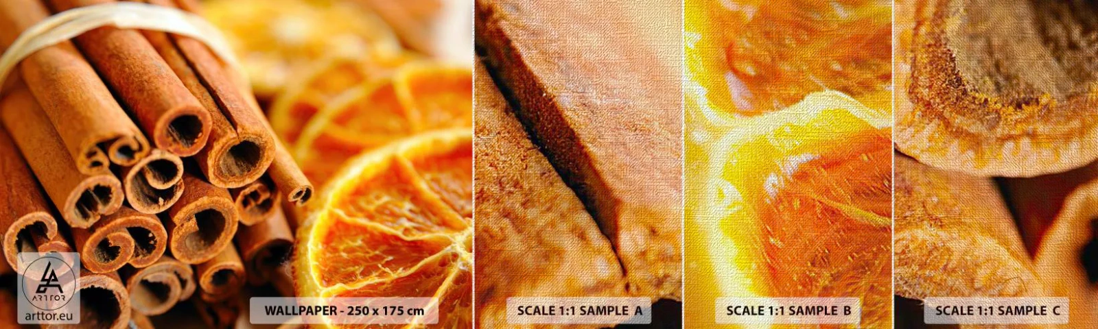 Mostră tapet Premium Canvas - Poți să le simți aroma? - Portocale, Bat de scortisoara, Condimente - 100x30 cm