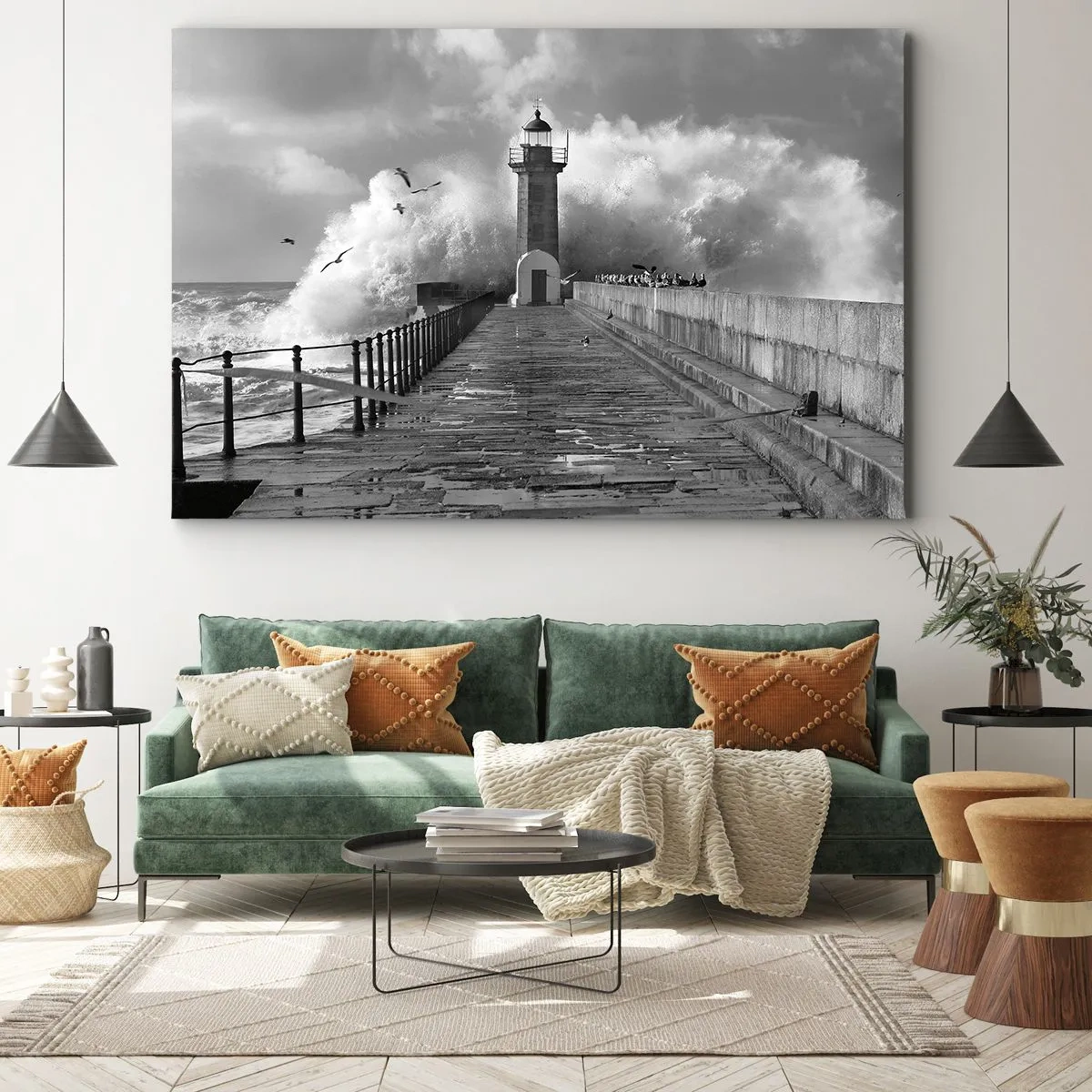 Tablou pe pânză Canvas - Un far înconjurat de valuri în timpul unei furtuni - 70x50cm - Fără frică - Decorațiune modernă pentru perete pentru living și dormitor ARTTOR