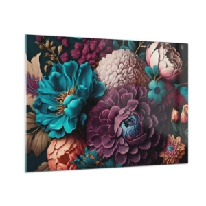 Tablou pe sticlă - O compoziție bogată de flori în culori intense - 70x50cm - Natura în abundență - Decorațiune modernă pentru perete pentru living și dormitor ARTTOR