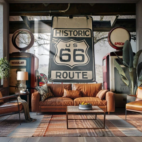 Tapet Autoadeziv Deluxe Sticker - O călătorie americană retro - Epocă, Ruta 66, Ruta 66 - 250x175 cm