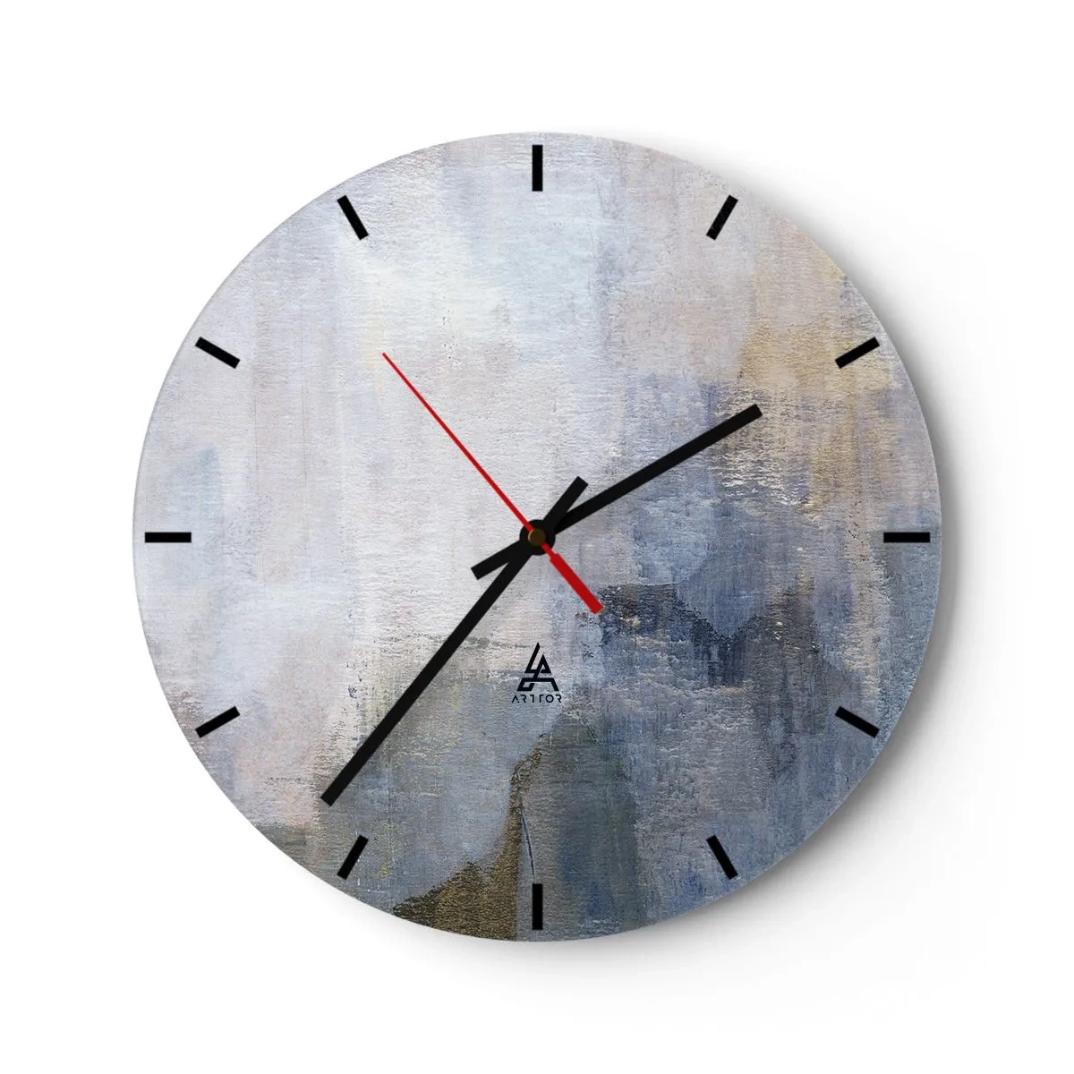 Ceas de perete - Ceas pe sticlă - Compoziție abstractă în nuanțe de albastru și gri - 30x30cm - Tonuri  și acorduri de culoare - Decorațiune modernă pentru perete pentru living, bucătărie și dormitor ARTTOR