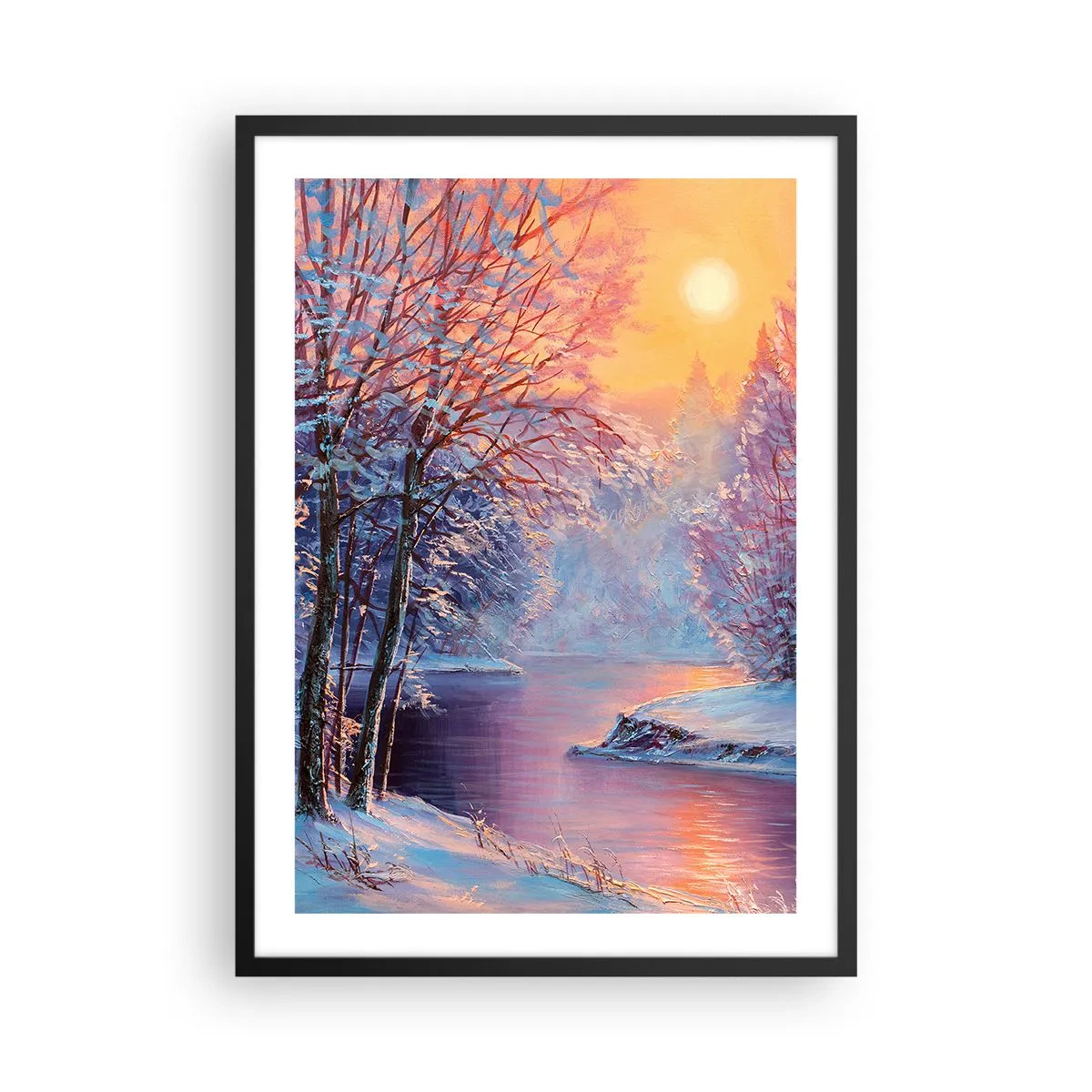 Poster în ramă neagră - Peisaj de iarnă cu un râu în strălucirea soarelui apus - 50x70cm - Culorile iernii - Decorațiune modernă pentru perete pentru living și dormitor ARTTOR