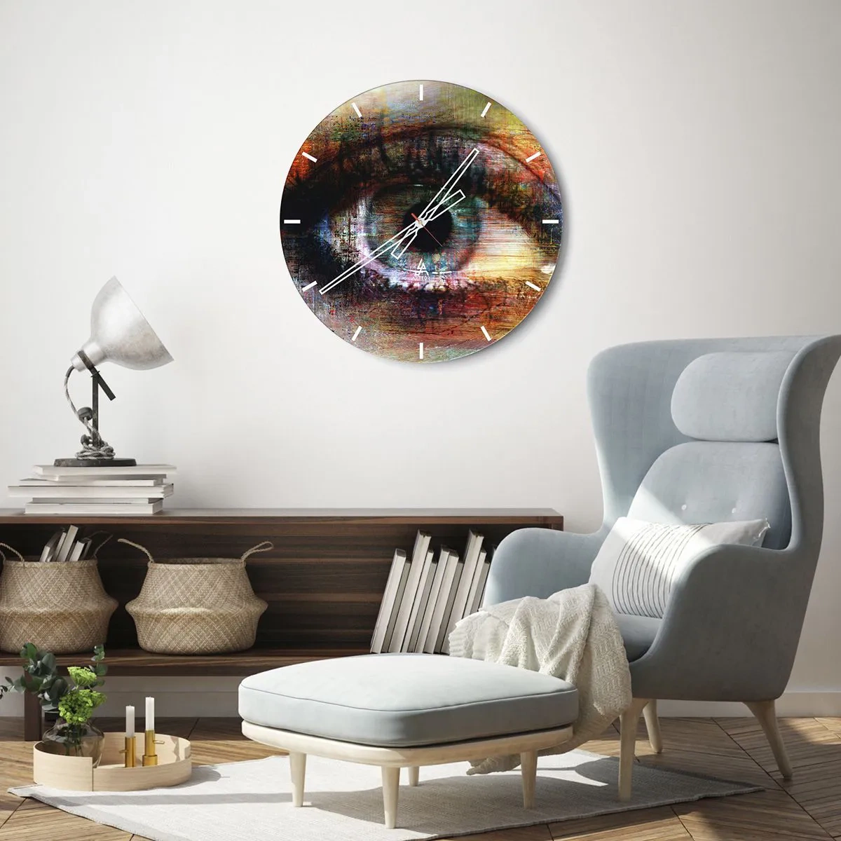 Ceas de perete - Ceas pe sticlă - Un ochi artistic în culori intense, contrastante - 30x30cm - Poți privi în suflet - Decorațiune modernă pentru perete pentru living, bucătărie și dormitor ARTTOR