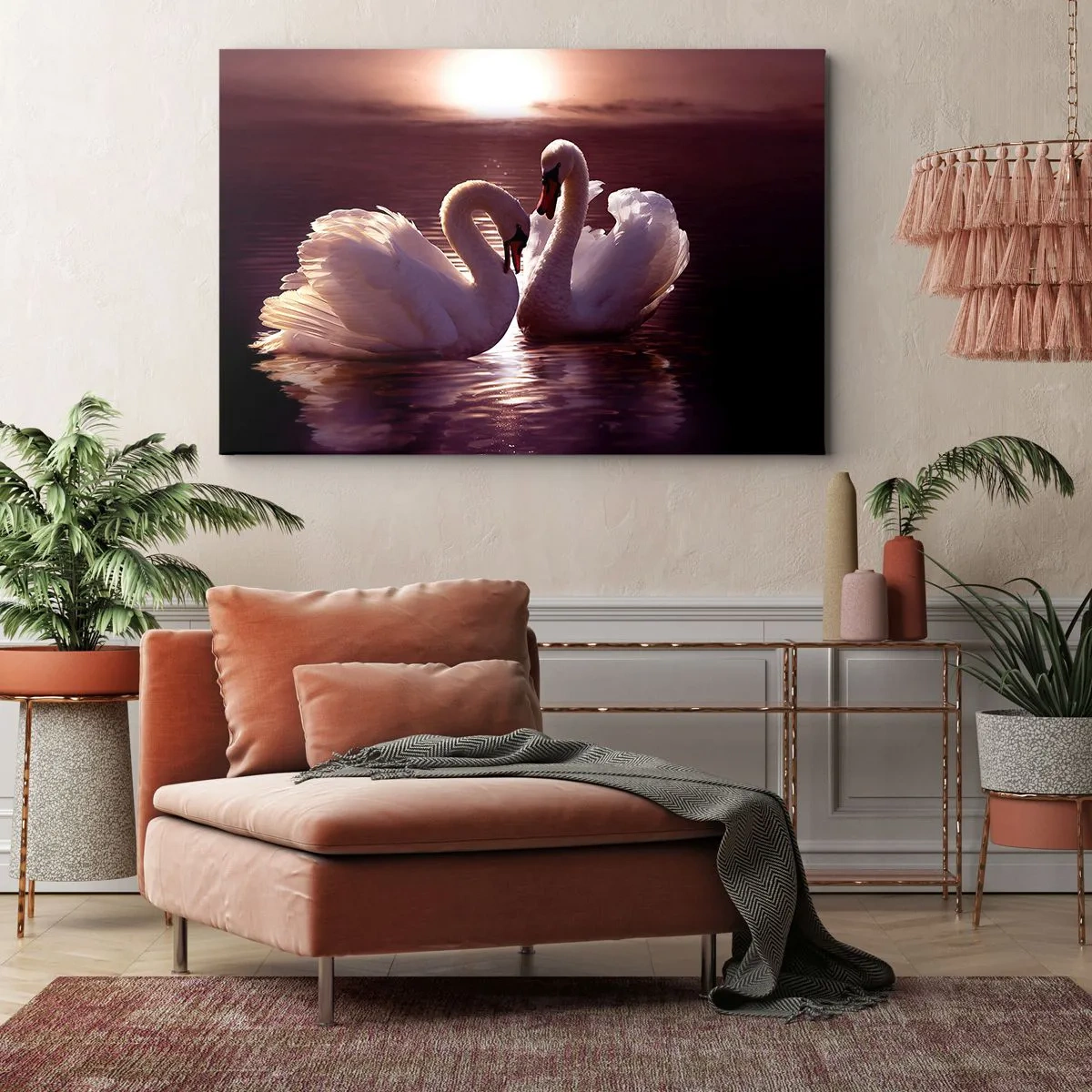 Tablou pe pânză Canvas - Două lebede pe un lac liniștit la apus - 70x50cm - Până când moartea ne va despărți - Decorațiune modernă pentru perete pentru living și dormitor ARTTOR