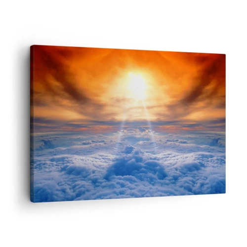 Tablou pe pânză Canvas - Apus de soare deasupra norilor, cerul plin de culori aurii și lumină. - 70x50cm - Peisaj mistic - Decorațiune modernă pentru perete pentru living și dormitor ARTTOR