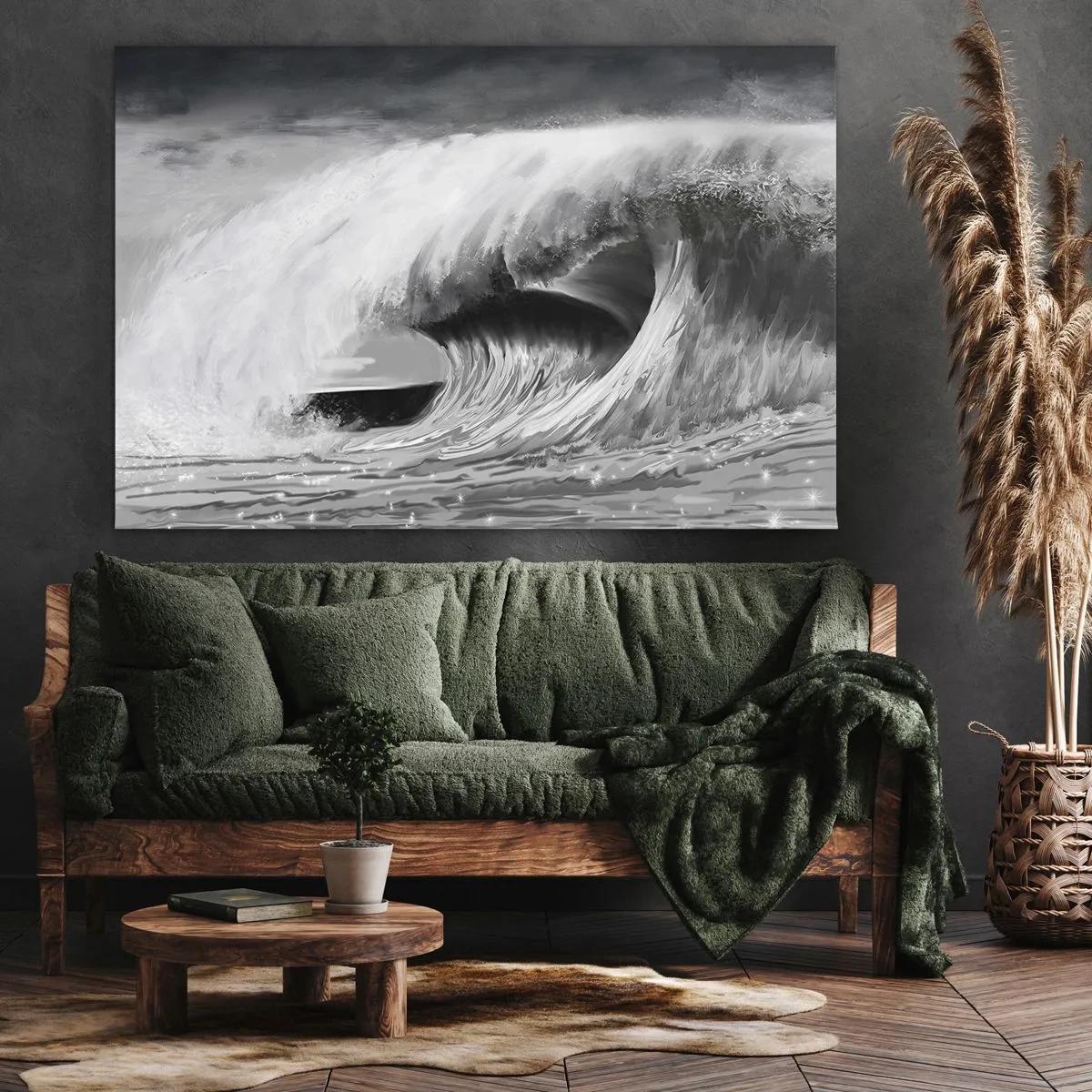 Tablou pe pânză Canvas - Val oceanic dramatic în monocrom - 70x50cm - Mânia oceanului - Decorațiune modernă pentru perete pentru living și dormitor ARTTOR