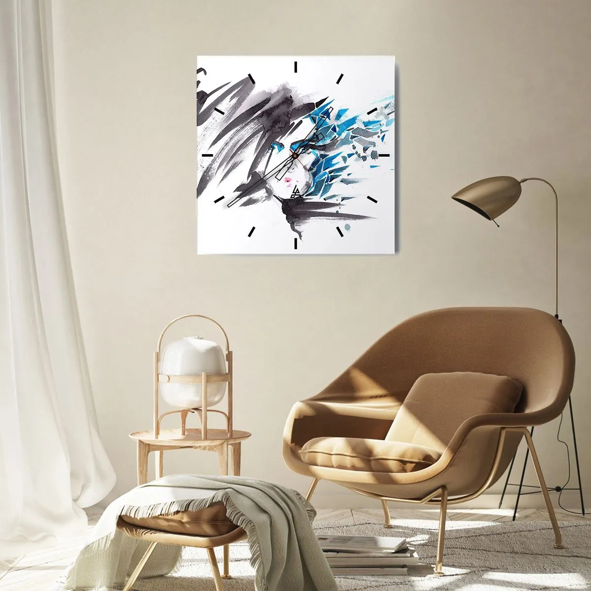 Ceas de perete - Ceas pe sticlă - Portret senzual în gri și albastru - 30x30 cm