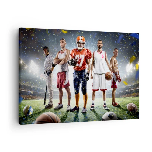 Tablou pe pânză Canvas - O scenă dinamică cu sportivi din diverse discipline pe stadion, sub lumina reflectoarelor - 70x50cm - Gladiatori ai terenului de joc - Decorațiune modernă pentru perete pentru living și dormitor ARTTOR