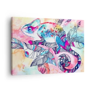 Tablou pe pânză Canvas - Cameleon colorat pe fundal abstract de frunze - 70x50cm - Colorat ca și lumea noastră - Decorațiune modernă pentru perete pentru living și dormitor ARTTOR